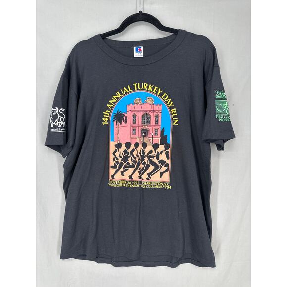 90s Vintage Charleston Shirt Mens Large Turkey Day Run 1991 Graphic Tee 96 Wave - Picture 1 of 8